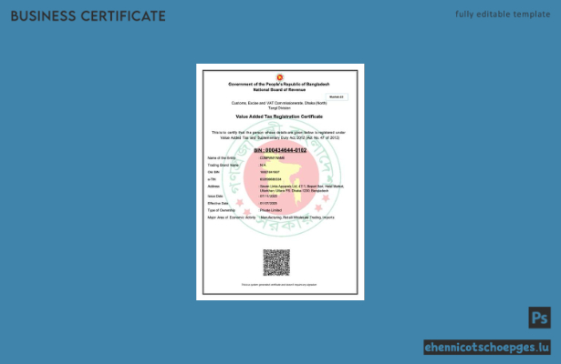 Beispiel-Vorschau des Mehrwertsteuer-Registrierungszertifikats für Bangladesch (Word und PDF)